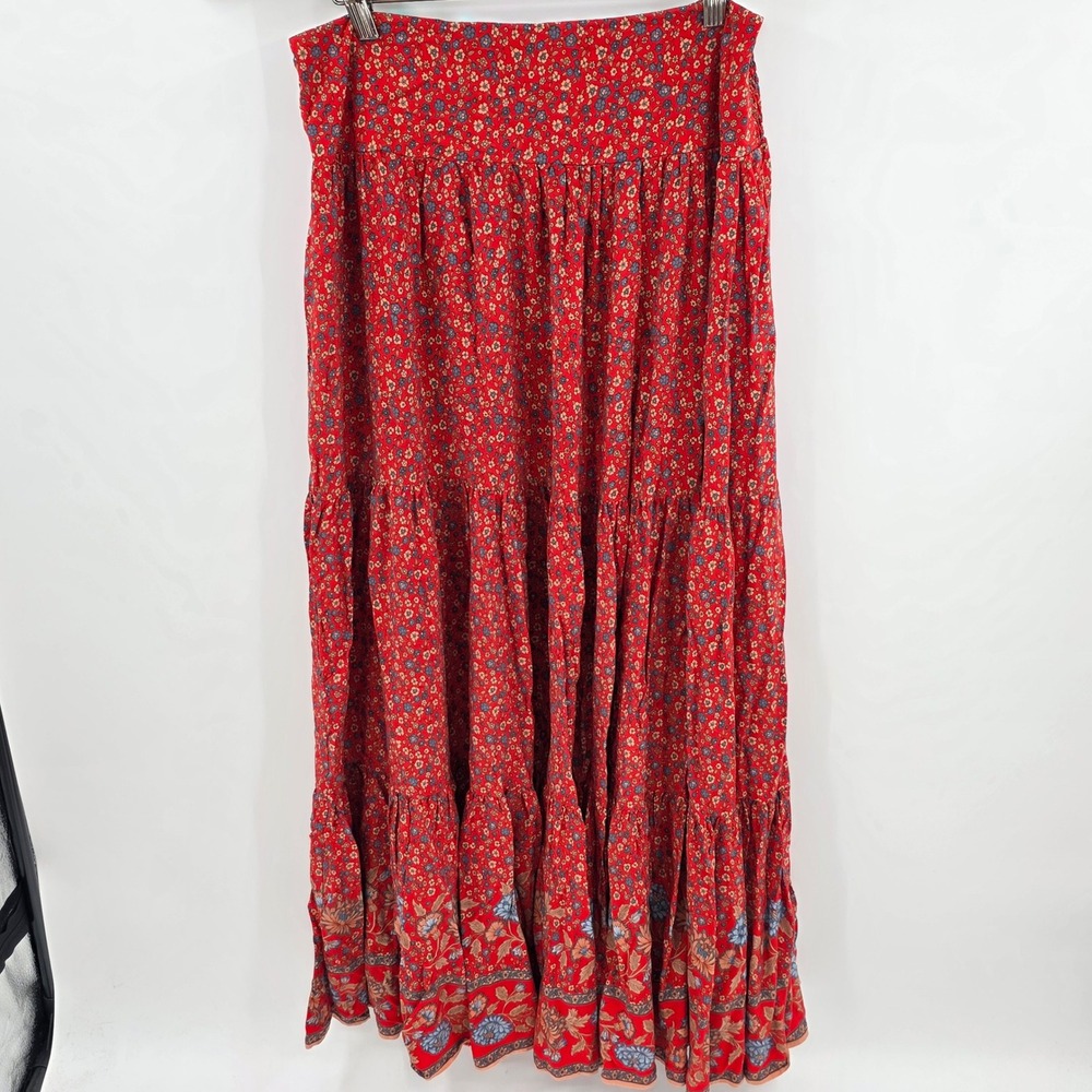 Natural Life Red Floral Tiered Maxi Skirt Smocked Waist Boho Rayon Women's XL